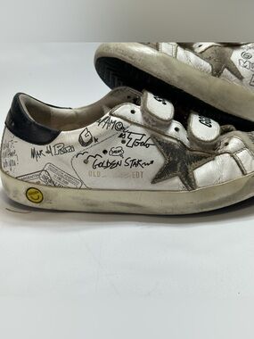 Golden Goose Kids Old School White Leather Sneakers Suede Star Graffiti EU32